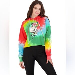Women’s Ed Hardy Skull Rose Tie Dye French Terry Cropped Hoodie Size M